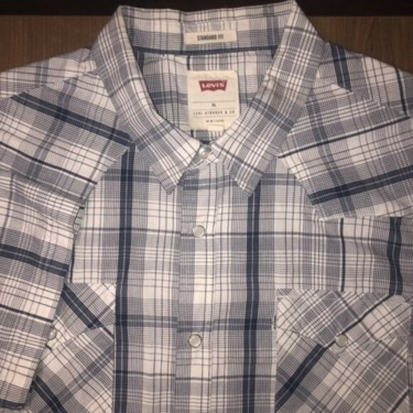 Levis Standard Fit Pearl Snap Short Sleeve Shirt Blue Plaid Men's XL Western - Picture 1 of 10